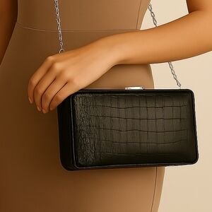 Black Faux Leather Evening Bag – Silver Chain Strap Clutch Wallet for Women